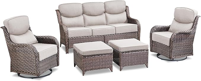 Luxury 5 Piece Patio Furniture Set-All Weather Outdoor Swivel Rocker Chairs with 6" Thick Cushions Multifunctional Ottoman Rattan Patio Conversation Sets for Porch Deck Garden Backyard(Brown/Beige)