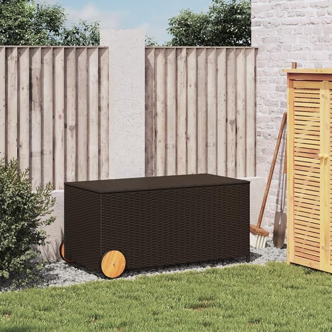 50.2 Gal Outdoor Storage Box with Wheels, Patio Rattan Deck Box, Wicker Garden Storage Bin Deck Box, Poly Rattan Patio Storage Chest with Hinged Lid, 42.1"x21.7"x19.7"/20.9" Brown