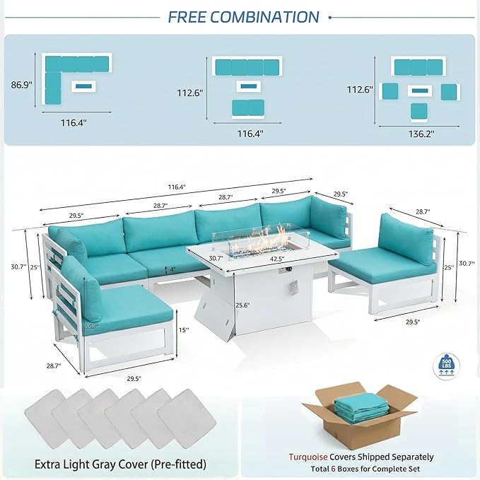 NICESOUL 6 Person Modern Aluminum Outdoor Patio Furniture Set with Fireplace, 29" Wide Deep Seating, Fade & Water Resistant L Shaped Sectional Couch, Large Conversation Set for Backyard Terrace, Teal