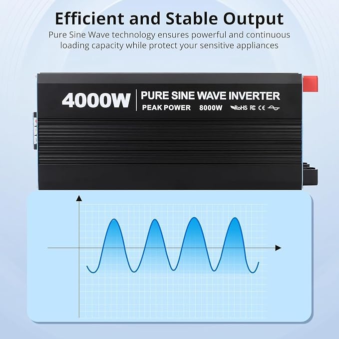 Power Inverter 4000 Watt Pure Sine Wave 12V DC to 110V/120V AC 8000W Peak Converter for Family RV Off Grid Solar System with 4 AC Outlets LCD Display Remote Control and 3.4A USB Charging Port