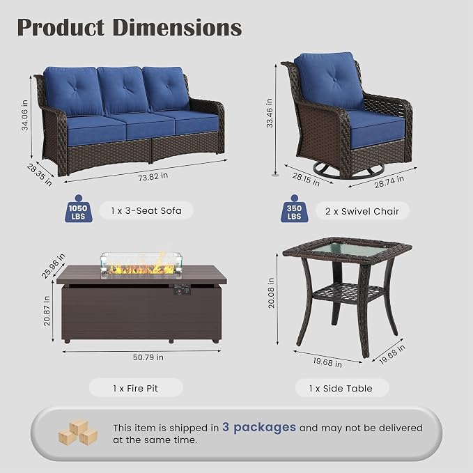 Sundale Outdoor Wicker Patio Furniture Set with Fire Pit, 5 Piece All Weather Outdoor Furniture Set with Swivel Chairs & Couch, High Back Patio Conversation Sets with 6" Cushions for Yard, Deck (Blue)