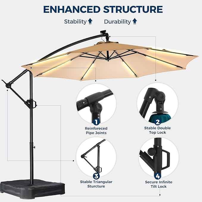 HOMSHADE 10 ft Offset Patio Umbrella with Solar Lights, LED Lighted Umbrella Outdoor Patio with Base Included, Heavy Duty Hanging Cantilever Umbrellas for Pool Deck with UV Protection&Easy Tilt, Beige