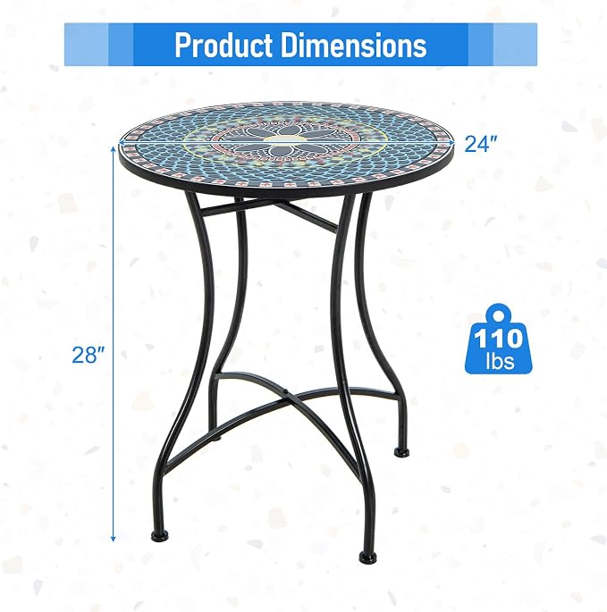 Giantex 24 Inch Patio Bistro Table, Mosaic Round Table w/Ceramic Tile Tabletop, Heavy-Duty Metal Structure, Outdoor Dining Table for Backyard, Garden, Porch (Multicolor (Floral Pattern))