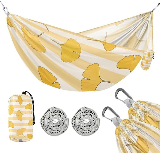 Yellow White Striped Ginkgo Biloba Leaf 330lb Capacity Outdoor Hammock with Hanging Rope Indoor Hammock for Camping & Hiking Essential capas para la Lluvia