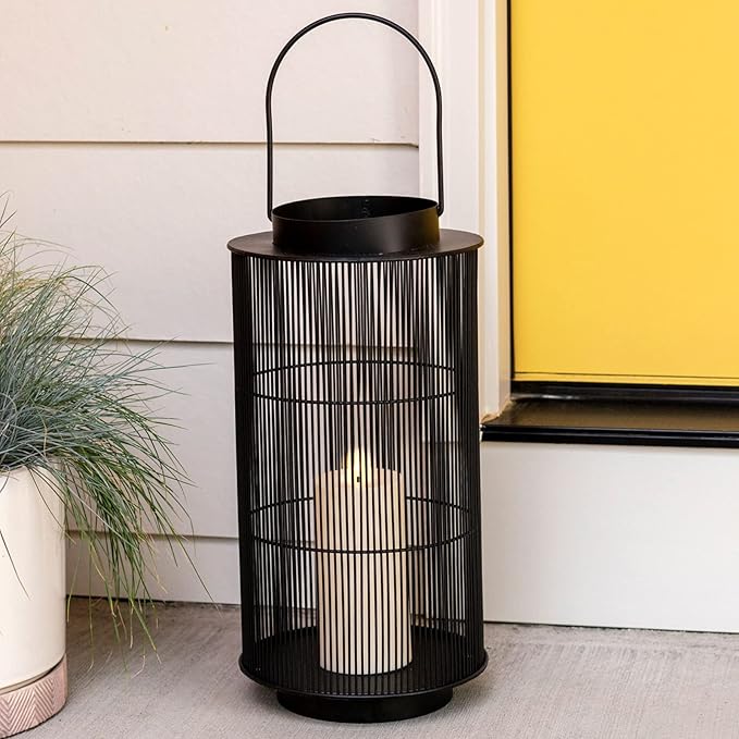 LampLust Outdoor Lanterns Decorative Spring Patio Decor, 16 Inch Black Metal Candle Lanterns, Battery Operated LED with Timer, Front Porch, Spring Outdoor Decorations, Modern Farmhouse Decor