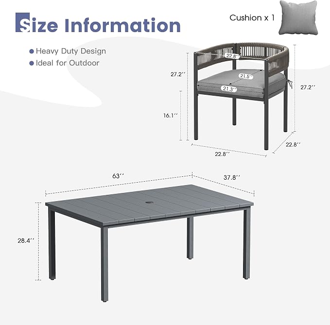 VICLLAX Patio Dining Set, 63" Dark Grey Table & 6 Chairs with Grey Cushion | Outdoor Table and Chairs Set of Rectangular Metal Patio Table, Outdoor Dining Chairs with Metal Frame, Garden Deck Porch