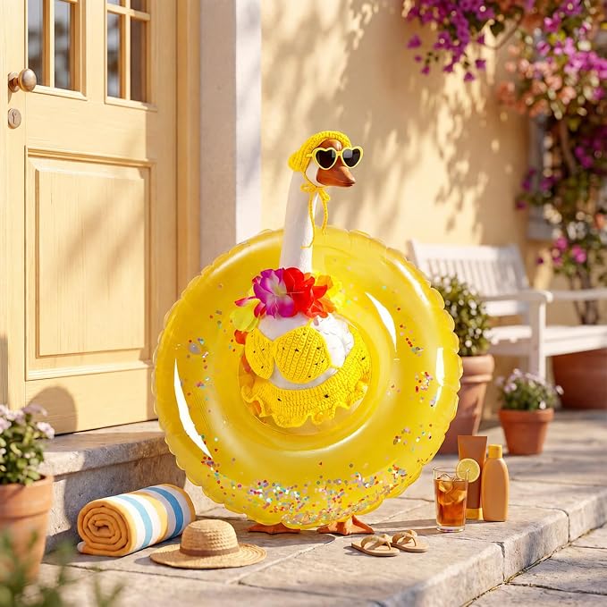 Summer Knitted Bikini Goose Outfit Hawaiian Beach Porch Goose Clothes Swimsuit with Wide Hat Sunglass Swim Ring for 17-23 Inch Cement Geese Statue Costume Outdoor Patio Lawn Garden Yard Decor