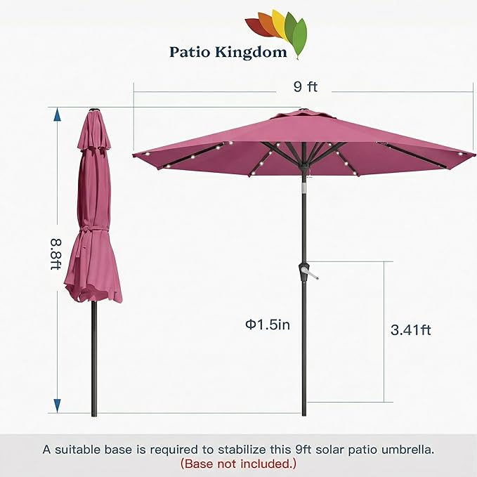 9FT Solar Umbrella 32 LED Lighted Patio Umbrella Table Market Umbrella w/Tilt and Crank, UV-Resistant Outdoor Umbrella for Pool, Garden, Deck, Rose Pink