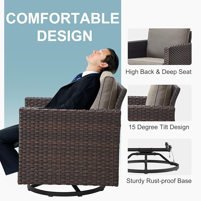 Belord Spacious 11 Pieces Patio Conversation Set - 5-Seater Outdoor Furniture Sectional Sets with Swivel Glider Chairs Set of 4 and Storage Box, Metal Top Coffee Table with Embedded Ottoman Brown