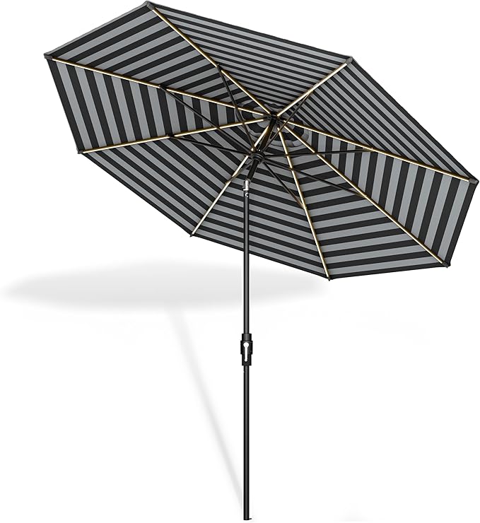 Midtown Umbrellas Led Swilt Sunbrella Umbrella 9 Ft Patio Umbrella With Sunbrella Black & White Acrylic Fabric - Deck Patio Umbrella, Backyard Umbrella, Garden Umbrella & Pool Umbrella - Black Pole