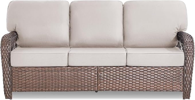Belord Luxury Outdoor High Back Couch, All-Weather Wicker 3-Seater Sofa, Wicker Patio Furniture for Deck Porch Garden,Beige