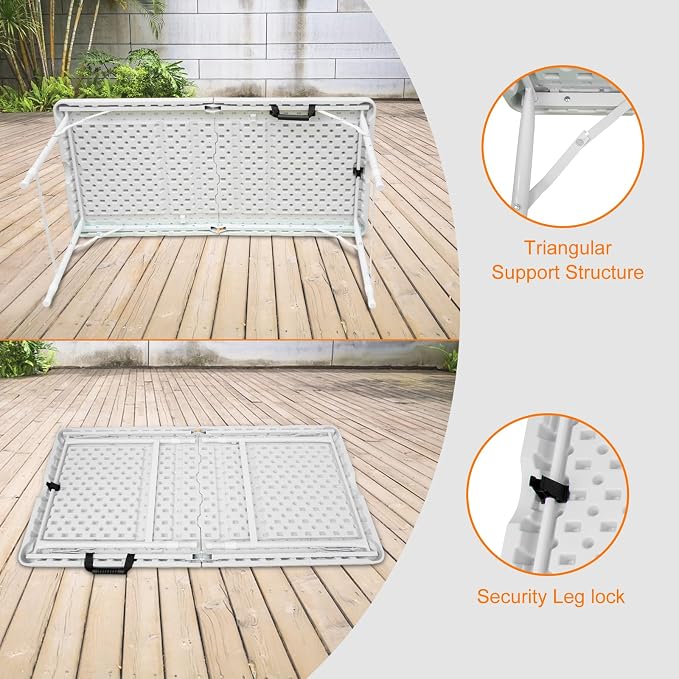 Anwick 4 Foot Folding Table Portable Fold-in-Half Plastic Picnic Table w/Handle and Steel Legs for Indoor, Outdoor, Camping, Party, Garden (White, 4ft)