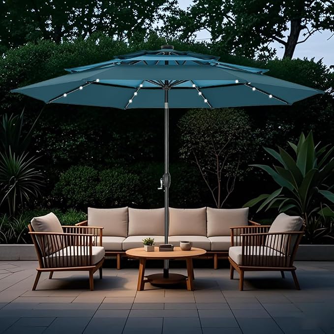 GREEN PARTY 10ft Patio Umbrella with Solar Lights, Auto-Tilt Lighted Market Table Umbrellas with Crank, 8 Sturdy Ribs & 1.5" Pole outdoor umbrellas for Patio Garden Deck Backyard Pool, Blue & Cerulean