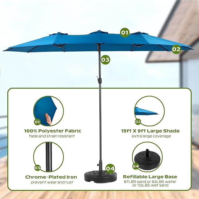 15ft Umbrella Outdoor Patio - Double-Sided Large Market Rectangle Umbrellas with Crank Handle for Patio Garden Yard Pool (No Base)