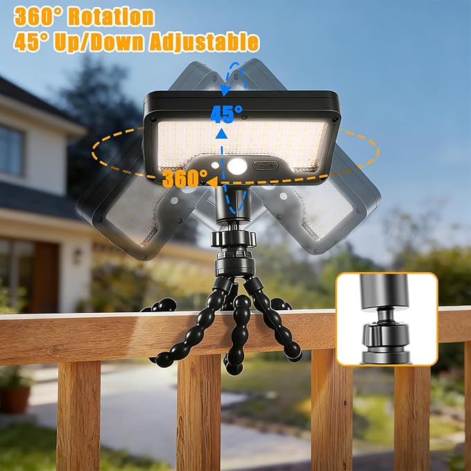 Motion Sensor Solar Lights Outdoor with Octopus Tripod, 360° Rotatable 600LM 92 LED Fence Light with Remote Control, 3 Color Modes, IP65 Waterproof Security Light for Deck Fence Camping (1 Pack)