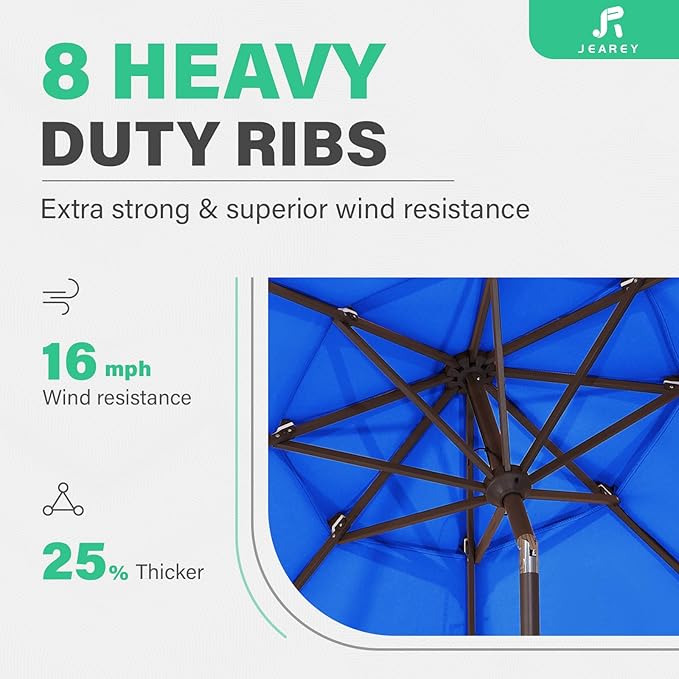 JEAREY 9FT 3 Tier Patio Umbrella Outdoor Market Umbrella Table Umbrellas with 8 Ribs 1.5 Pole Push Button Tilt and Crank UV Protection for Garden,Royal Blue