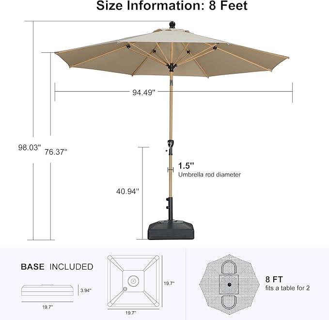 PURPLE LEAF 8 Feet Market Umbrella with Base Patio Umbrella Round Outdoor Table Umbrella with Push Button Tilt & Crank and 8 Ribs Aluminum Outdoor Umbrella for Garden Deck Balcony, Beige