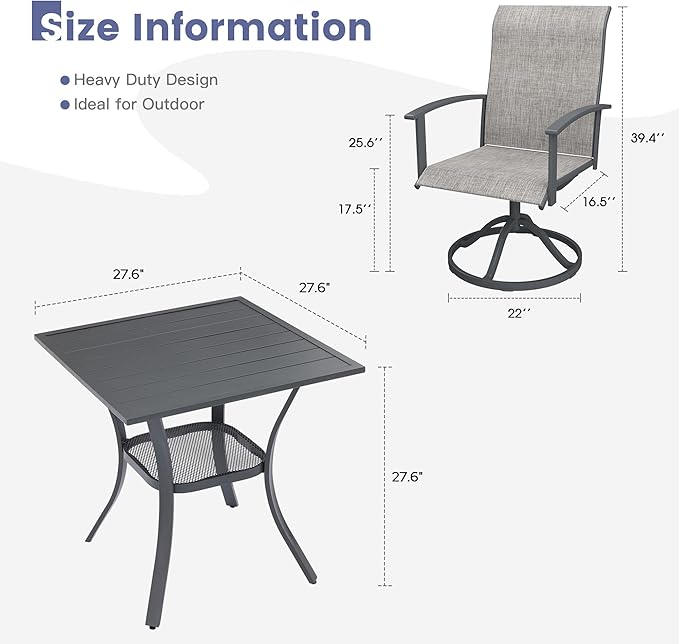 VICLLAX Outdoor Table and Chairs Set for 2, Small Patio Dining Set with 27.5" Metal Square Patio Table & 2 Swivel Outdoor Dining Chairs for Backyard Lawn Porch Garden, Grey & Dark Grey