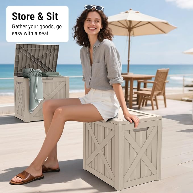 Mars Villa 31 Gallon Barn Style Deck Box, Outdoor Storage Box Waterproof, Lockable Lid, Weatherproof and UV Resistant Resin Storage Bin for Patio Furniture Cushion, Pool Supply, Garden Tool, Grey