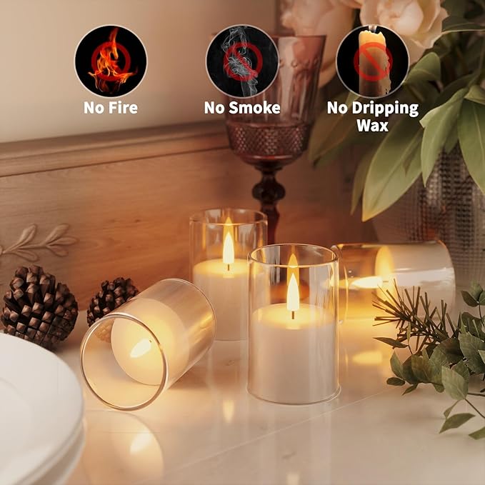 VIODAIM 6Pack Flickering Flameless LED Candles with Timer, Battery Powered - Small Pillar & Votive, Clear (2"X3")