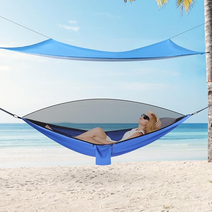 9.5x4.5ft Camping Hammock, Portable Outdoor Hammock Tent with Mosquito Net and Rain Fly Tarp, Backpacking Hammock for Hiking, Outside, Patio, Travel (Blue)