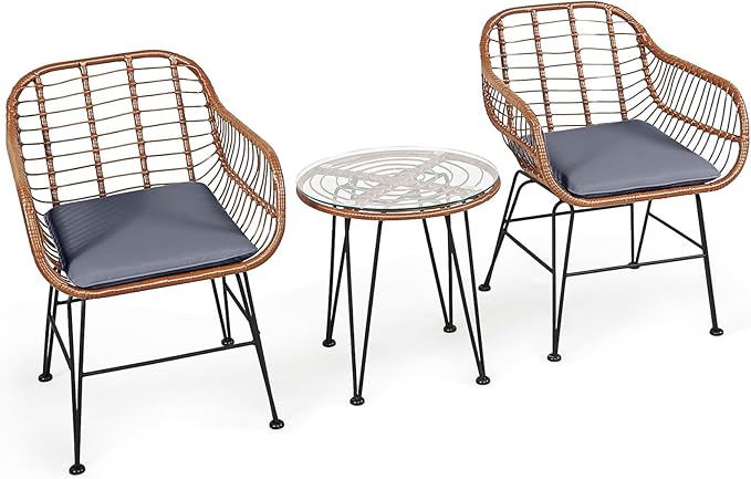 DORTALA 3 Piece Patio Bistro Set, Outdoor Wicker Furniture with Round Tempered Glass Top Table & 2 Rattan Armchairs, Cushions, Conversation Set for Porch, Backyard, Garden, Grey