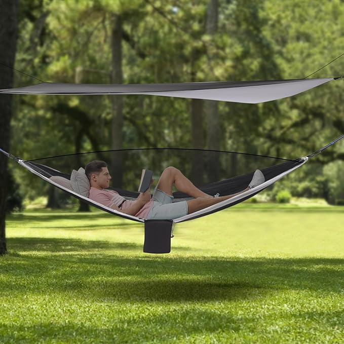 9.5x4.5ft Camping Hammock, Portable Outdoor Hammock Tent with Mosquito Net and Rain Fly Tarp, Backpacking Hammock for Hiking, Outside, Patio, Travel (Black and Grey)