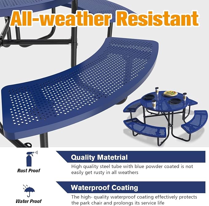 46'' Round Outdoor Metal Picnic Table Expanded,Lifetime Steel Picnic Table with Umbrella Hole,Heavy Duty Sturdy Commercial for Patio, Backyard, Garden (Includes 4 Built-in Benches) Blue