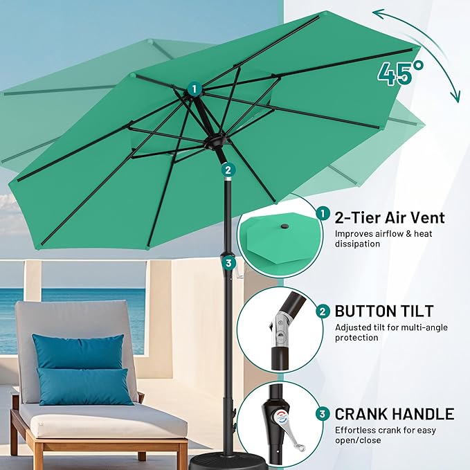 AreShark 9ft 2 Tiers Patio Umbrella - Outdoor Umbrella Waterproof UV Protection, Market Table Umbrella w/Push Button Tilt&Crank for Pool, Porch, Garden(Turquoise)