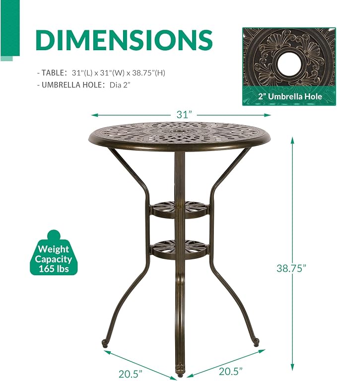 VIVIJASON 31" Patio Height Bar Table, All-Weather Cast Aluminum Bar Bistro Table Outdoor Patio Round Dining Table with Umbrella Hole for Balcony, Lawn, Garden, Backyard, Antique Bronze