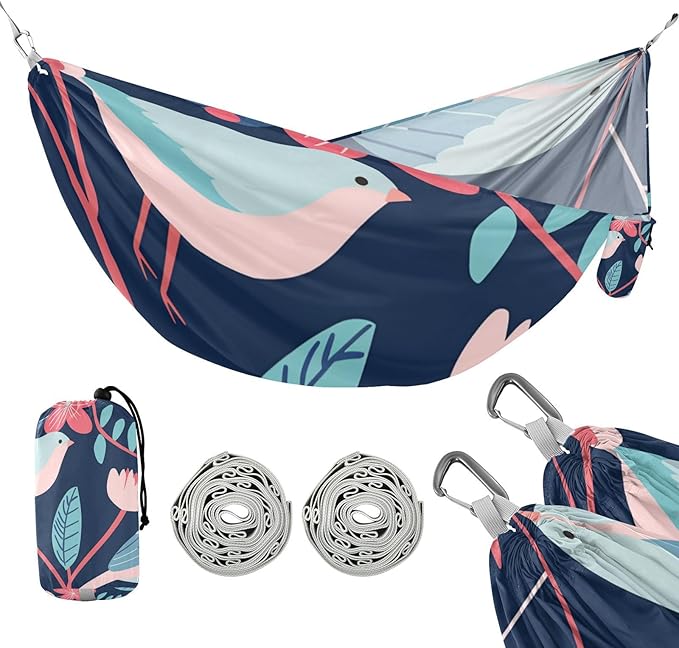 Cartoon Teal Pink Flowers Birds 330lb Capacity Camping Hammock with Portabl Carry Bag Fabric Hammock for Outside Beach Patio Garden capas para la Lluvia