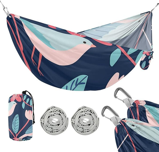 Cartoon Teal Pink Flowers Birds 330lb Capacity Camping Hammock with Portabl Carry Bag Fabric Hammock for Outside Beach Patio Garden capas para la Lluvia