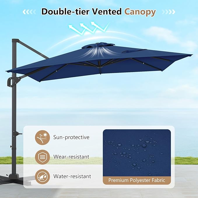 Tangkula 11 x 9 FT Patio Umbrella, Large Offset Cantilever Outdoor Umbrella with Aluminum Pole, 360 Degree Rotation, Tilt Adjustment, 8 Sturdy Ribs, Air Vent & Cross Base for Backyard Pool Garden Deck (Navy, 11x9 FT)