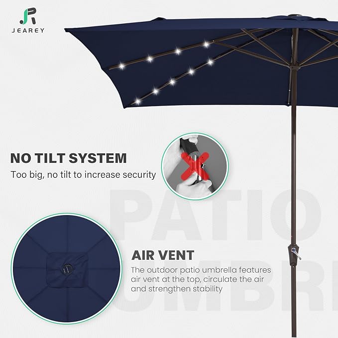 JEAREY 8x10 ft Rectangular LED Lighted Patio Umbrellas Outdoor Solar Table Market Umbrella w/Crank, 8 Sturdy Ribs, UV Protection Waterproof Sunproof(Dark Blue)