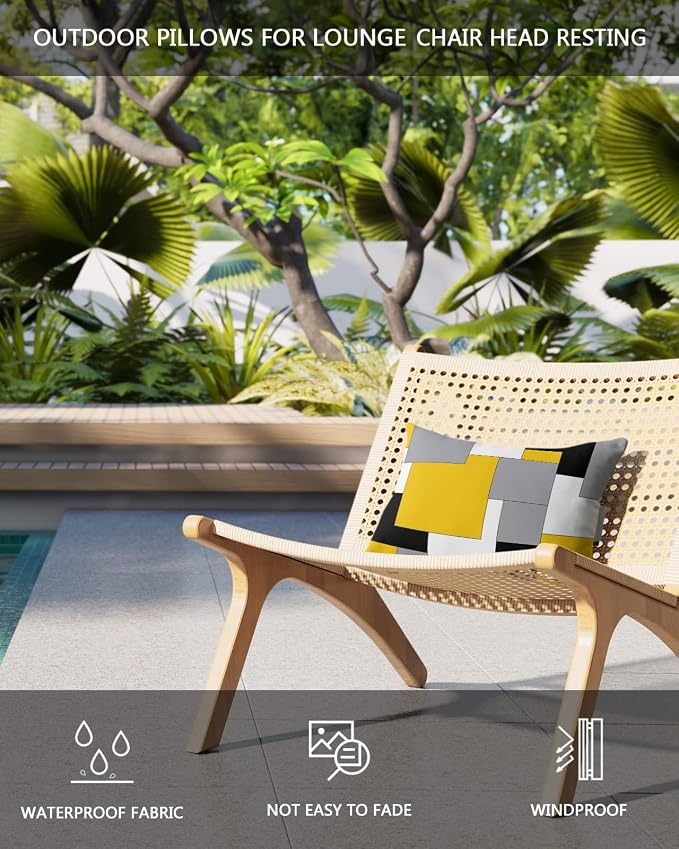 Outdoor Pillows Covers with Inserts Abstract Art Patchwork Black and Yellow Waterproof Recliner Pillow with Adjustable Strap Throw Pillows for Patio Furniture Pool Lounge Chair, 11x16 inch, 1PCS