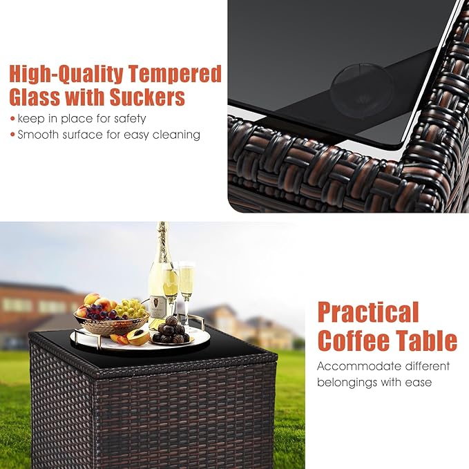 HAPPYGRILL 3 Pieces Patio Conversation Set, Outdoor Furniture Set PE Rattan Sofa Set with Removable Cushions, PE Wicker Chairs with Tempered Glass Side Table for Porch Lawn Garden Balcony Backyard