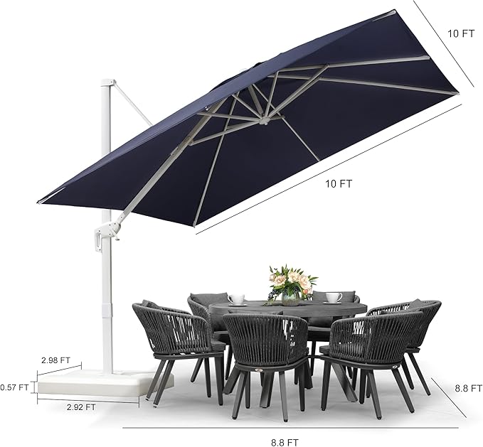 PURPLE LEAF 10 FT Patio Umbrella With Base White Cantilever Umbrella Square Outdoor Offset Windproof with 360° Rotation for Garden Deck Pool, Navy Blue