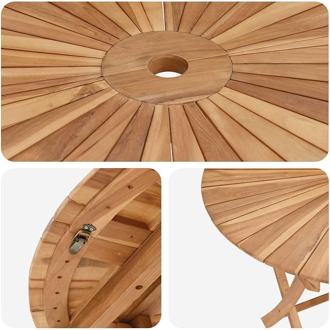 vidaXL Folding Garden Table Beige Ø 110 x 75 cm Solid Teak Wood, Round Folding Table, Modern Design, Outdoor Dining, Space-Saving Furniture, Teak Wood, Collapsible Garden