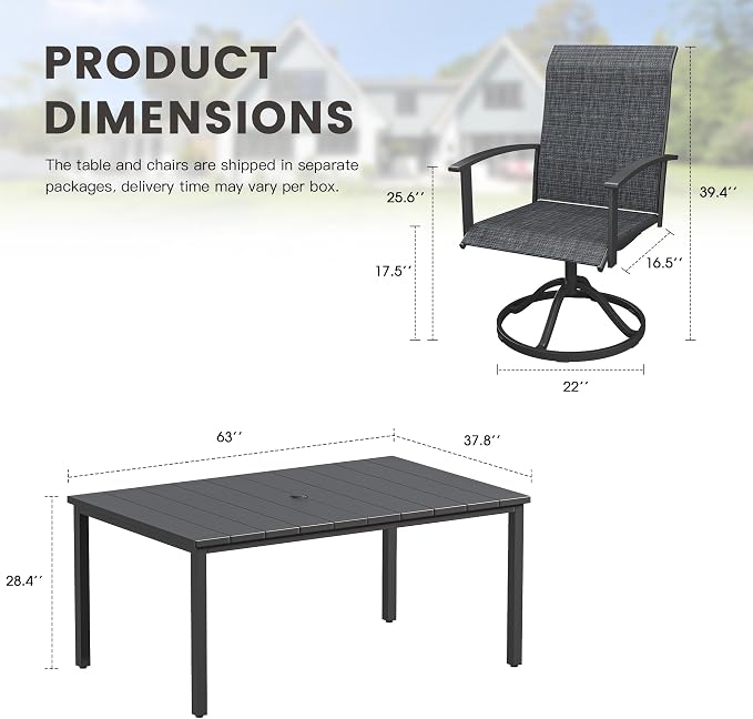 7 Pieces Patio Dining Set, Outdoor Furniture of 63" Rectangular Patio Table and Patio Swivel Chairs for Backyard Lawn Garden, Black Table and Black Chairs