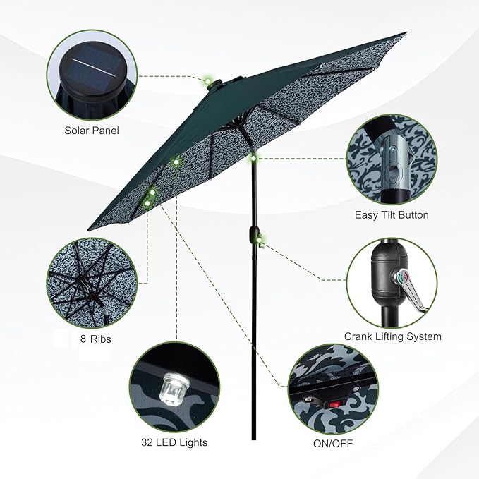 Backyard Expressions 9FT Solar Patio Umbrella with 32 LED Lights, UPF50+ UV Protection, Fade-Resistant Fabric, Easy Tilt & Crank, Outdoor Umbrella for Patio, Deck & Pool (Base Not Included)