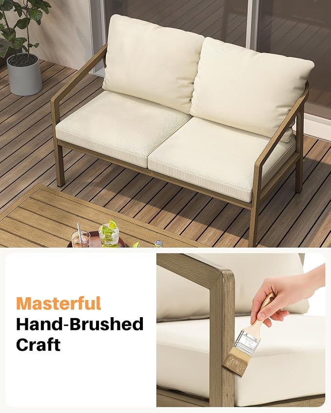Teak Outdoor Patio Loveseat, Never-Rust Aluminum Outdoor Loveseat Couch with Thick Cushions, Modern 2-Seater Patio Sofa Bench, Outdoor Sofa Loveseat Furniture for Deck, Poolside
