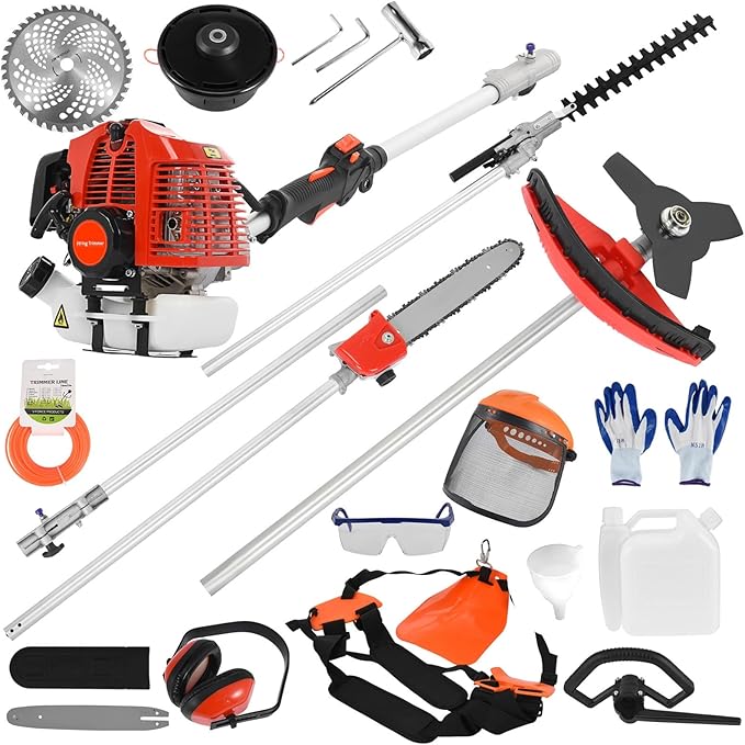 6 in 1 Gas Weed Eater, 52CC 2-Cycle Weed Eater Gas Powered, Gas Weed Wacker, 9500rpm Strong Power & Multi Functional Gas String Trimmer Brush Cutter for Yard & Garden Red