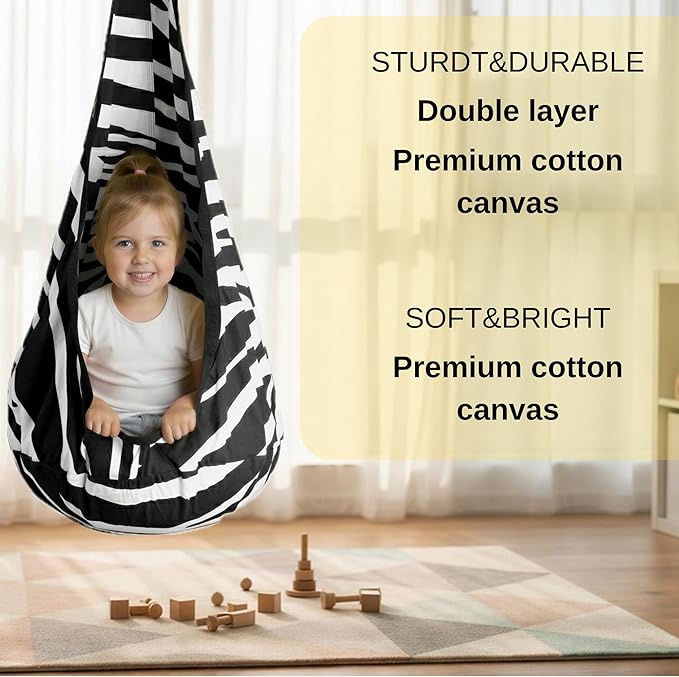 Calming Sensory Swing — Indoor Sensory Hammock for Kids & Adults, Supports up to 170 lb (77 kg), Double-Layer Canvas Fabric, Hanging Hardware Included, Black-White