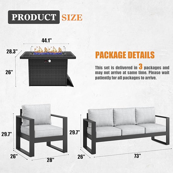 Outdoor Aluminum Furniture Set with Fire Pit Table - 4 Pieces Modern Patio Conversation Sets Metal Sectional Sofa Set