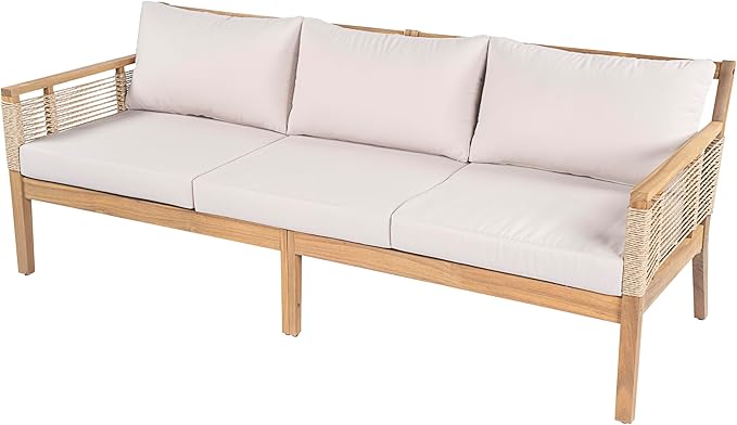 5-Piece Patio Conversation Set, All Weather Sectional Sofa Set w/ 3 Seater Sofa, 2 Chairs and 2 Coffee Tables, Acacia Wood Outdoor Furniture Set with Woven Rope Accents and Cushions