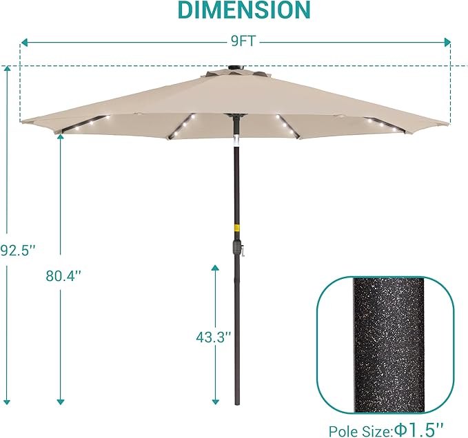 9ft Patio Umbrella Outdoor with Solar Lights,32 LED Lighted Table Market Umbrella with Tilt and Crank, 2-Year-Non-Fading, 8 Sturdy Ribs,for Pool, Deck, Garden,Backyard