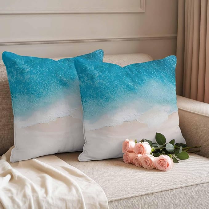 Pack of 2 Blue Beach Coastal Outdoor Pillow Covers Decorative, Ocean Seaside Waterproof Pillow Protector, Summer Nautical Throw Pillowcases Accent Cushion Cases for Patio Couch Sofa 26"x26"