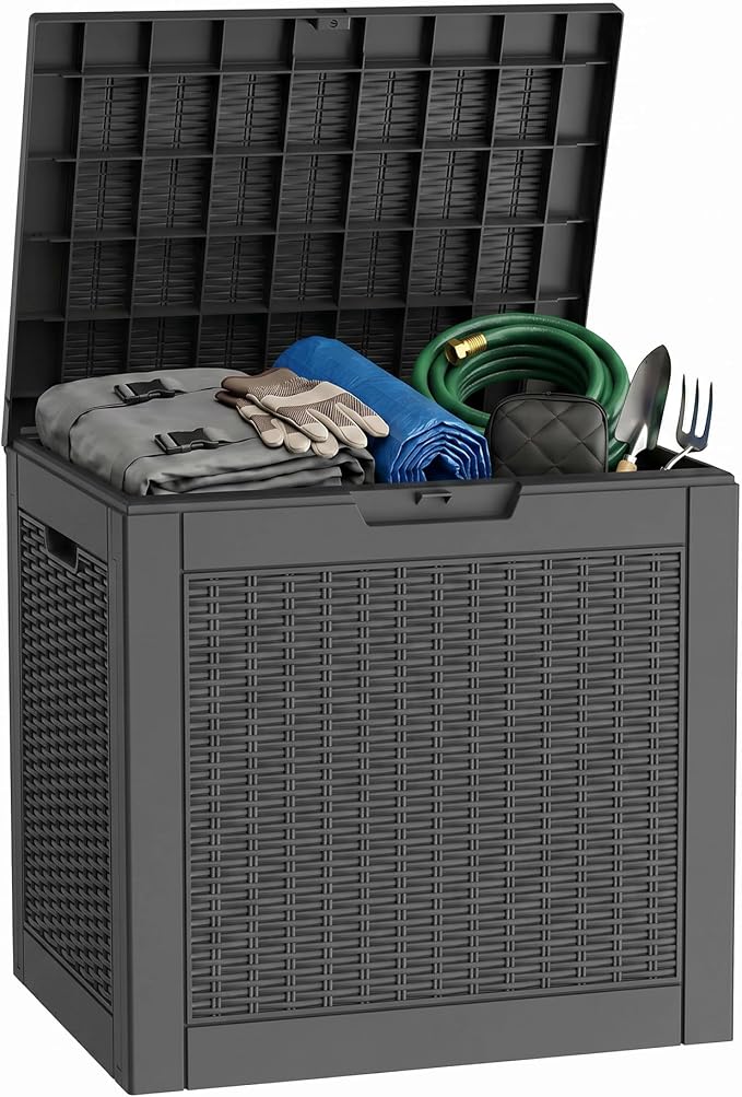 31 Gallon Deck Box, Waterproof Outdoor Storage Boxes For Garden Tools,Indoor Cushions,Accessories Outside Storage Resin Lockable Weatherproof Container(Black)
