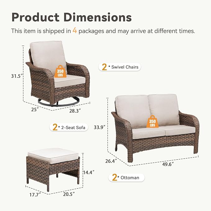 6 PCS Patio Furniture Set, 2 Outdoor Wicker Loveseat Sofas & 2 Swivel Rocking Chairs with 2 Ottomans, 4-Inch Thick Olefin Cushions, 300 lbs Capacity Rattan Conversation Set for Porch, Beige