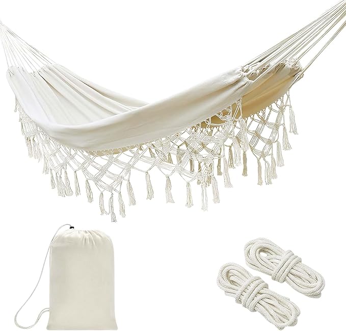 Bohemian White Double Canvas Hammock, Hand-Woven Tassel Boho Outdoor Hammock for Patio Balcony Garden, 2-Person Wedding Decoration, Supports 550 lbs